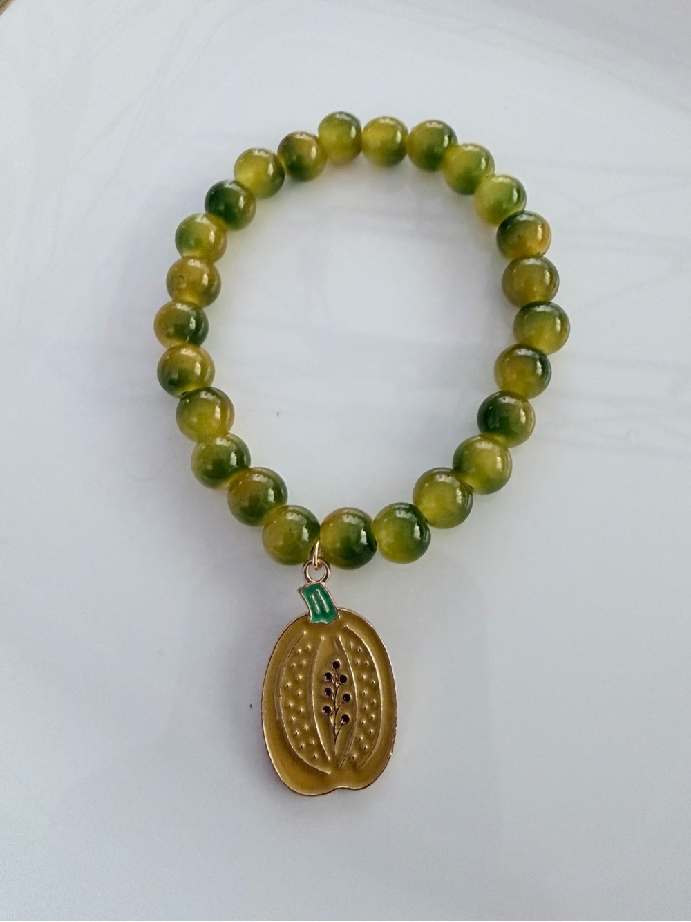 Fall Pumpkin Charm Green Beaded Stretch Bracelet